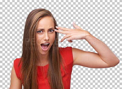 Wow, hand and portrait of a woman with gun for shooting on an isolated and transparent png background. Surprise, violence and girl with dark humor, finger rifle to shoot and pointing to head
