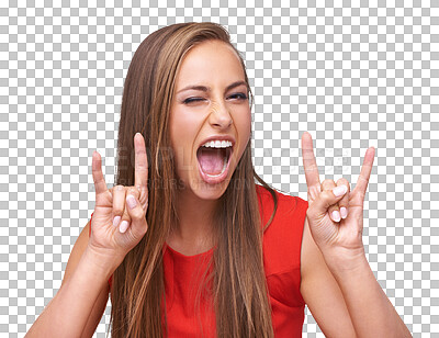 Rock, hand sign and portrait of woman for freedom, energy and heavy metal music on an isolated and transparent png background. Comic, emoji and face of girl with roll gesture, punk and attitude