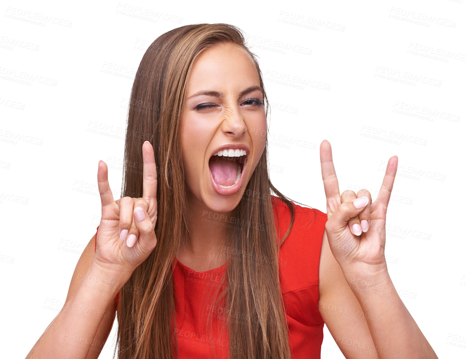 Buy stock photo Rock, hand sign and portrait of woman for freedom, energy and heavy metal music. Female with funny expression, comic or face emoji of girl with punk gesture isolated on a transparent PNG background