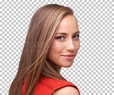Buy stock photo Happy, face and portrait of woman with confidence on isolated, png and transparent background. Fashion, beauty and closeup of female person smile with cosmetics, natural makeup and positive mindset