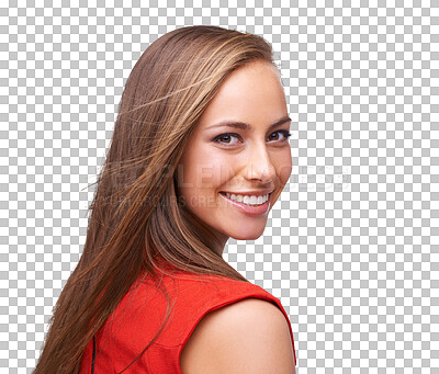 Smile, beauty and portrait of a woman on an isolated, transparent png background with a positive mindset. Face of a young female model happy with skin glow makeup, cosmetics and hair or dental care
