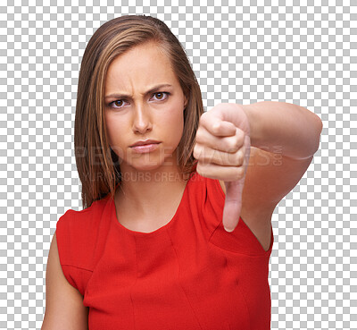 Buy stock photo Woman, angry and thumbs down portrait to disagree, problem or disapproval isolated on transparent png background. Anger, negative hand gesture and a frustrated girl showing incorrect, wrong or fail