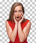 Woman, portrait and shocked or surprise with wow or open mouth reaction on an isolated and transparent png background. Face of female with omg emoji for fake news, sale announcement or gossip
