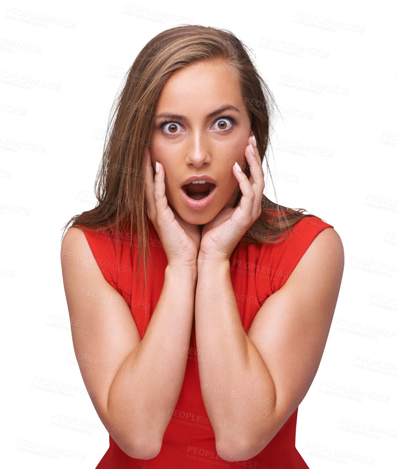 Buy stock photo Portrait, smile and woman with surprise, excited and facial expression isolated against transparent background. Face, female person and girl shocked, omg and png with excitement, motivation and news