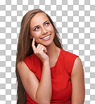 Thinking, fashion and beauty with a model woman on an isolated and transparent png background for choice, vision and idea with a beautiful and happy young female making a decision