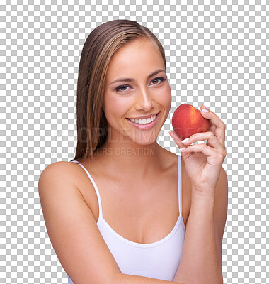 Red apple and woman with teeth health for natural, wellness and dental advertising. Beauty, model portrait and hand holding fruit for whitening results on an isolated and transparent png background