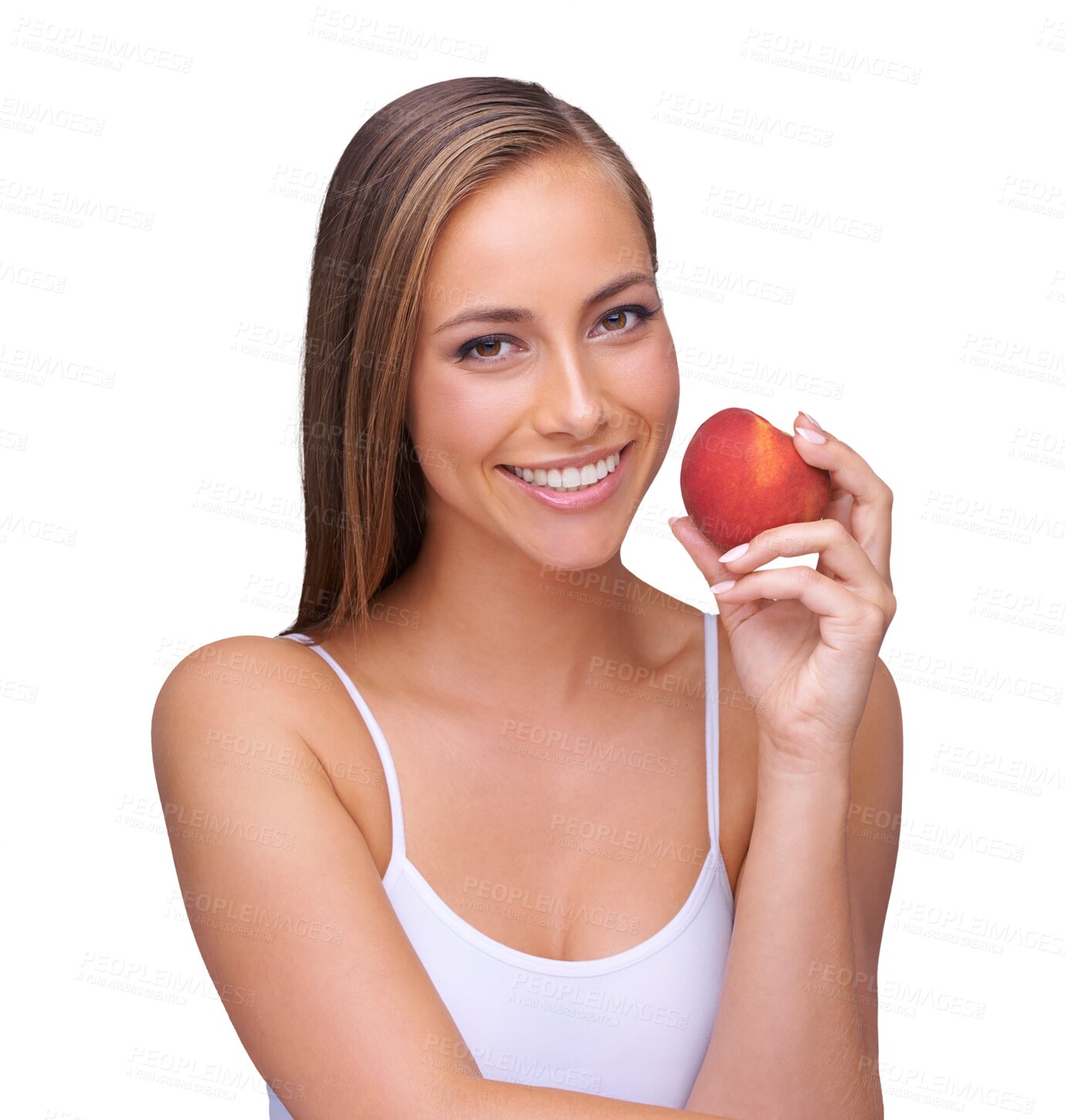 Buy stock photo Woman, portrait and red apple isolated on transparent, png background for healthy food wellness, diet and detox. Vegan person, nutritionist or model eating fruit for self care, lose weight and health