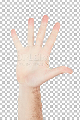 Numbers, showing and hand of a person for communication. High five, sign language and palm of a man for a warning, conversation and hello on a backdrop isolated on a png background