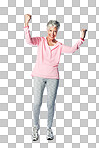 Fitness, portrait and excited senior woman cheering for workout success and achievement while isolated on a png background. Exercise, retired female athlete and cheerful face for winning exercise