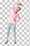 Arm, stretch and fit senior woman ready for body exercise and wellness workout on a transparent, png background. Fitness, warm up and retired female prepare for athletic health sport while isolated