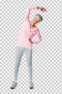 Arm, stretch and fit senior woman ready for body exercise and wellness workout on a transparent, png background. Fitness, warm up and retired female prepare for athletic health sport while isolated