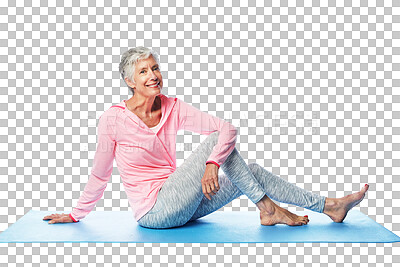 Portrait, relax and yoga with a senior woman for health, wellness and flexibility isolated on a png background. Fitness, workout and pilates exercise of a female in retirement for bodycare