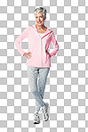 Portrait, smile and fitness with a woman in retirement exercising for health and wellness goals. Transparent, png background and happiness of a female pensioner with training workout health