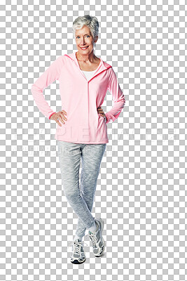 Buy stock photo Isolated senior woman, portrait and workout in retirement with smile, wellness or happy by transparent png background. Elderly lady, training or fitness for body cardio health with face for self care