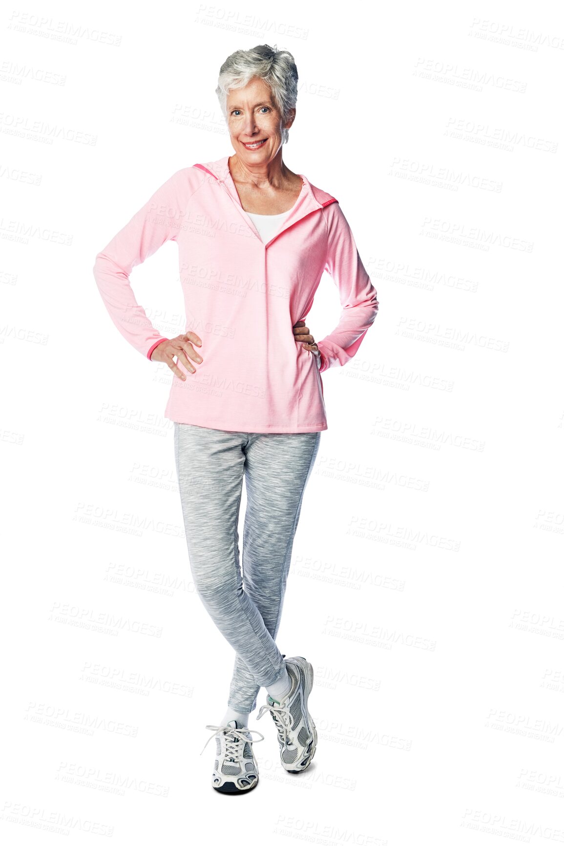 Buy stock photo Isolated senior woman, portrait and workout in retirement with smile, wellness or happy by transparent png background. Elderly lady, training or fitness for body cardio health with face for self care