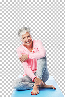 Front, face and smile of female yogi for senior health and physical wellness break while isolated on a png background. Fitness, care and flexible yoga exercise of a mature woman practicing pilates