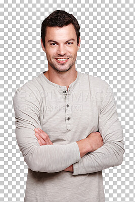 A Handsome man, smile and arms crossed with vision for happy ambition, goals or profile. Portrait of a isolated young male smiling with crossed arms on isolated on a png background