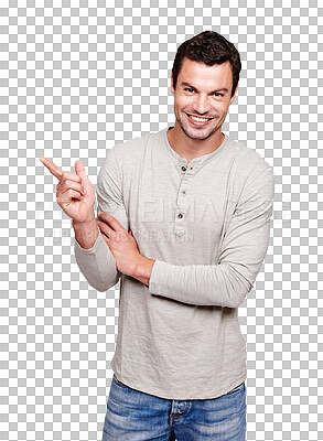 A Man, happy and portrait while pointing finger at mockup space for advertising. Smile of a male from France with hand sign for promotion, announcement and brand product isolated on a png background