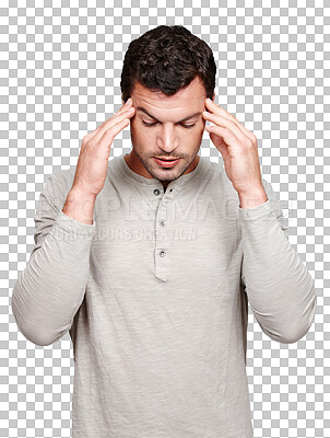 Mental health, stress headache and man with anxiety problem, burnout fatigue and depressed over fail mistake. Medical healthcare crisis, sad depression and model migraine on isolated on a png background