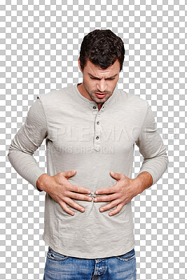 Stomach ache, pain and sick with a man holding his tummy in discomfort. Colon, digestion and digestive with a male rubbing his abdomen due to constipation isolated on a png background