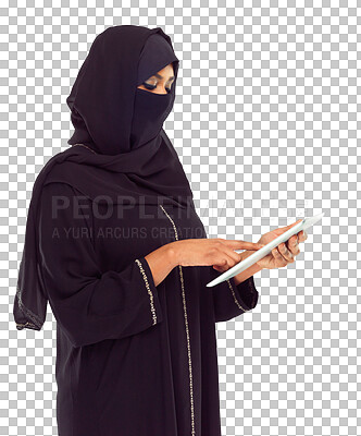 Woman, tablet and hijab of muslim for online islamic research against isolated on a png background. Female standing holding touchscreen with scarf reading news on islam, arabic or culture