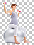 Fitness, pregnancy and girl with dumbbells on ball for healthy maternity wellness. Sports, health and pregnant woman workout, weights exercise or pilates on an isolated, transparent png background