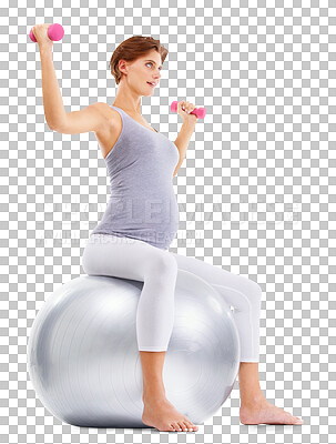 Fitness, pregnancy and girl with dumbbells on ball for healthy maternity wellness. Sports, health and pregnant woman workout, weights exercise or pilates on an isolated, transparent png background