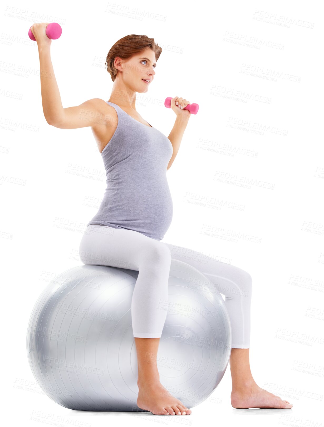 Buy stock photo Fitness, pregnancy and girl with dumbbells on ball for healthy maternity wellness. Sports, health and pregnant woman workout, weights exercise or pilates isolated on a transparent png background