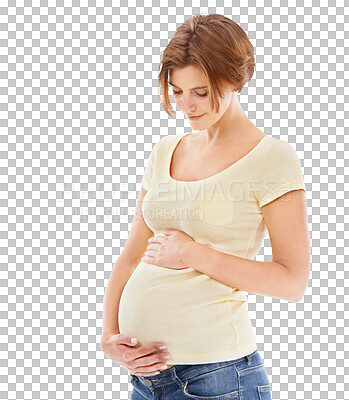 Woman, pregnant and hands on stomach with smile, thinking and love on an isolated and transparent png background. Model, mother and belly with care, vision and wellness in pregnancy