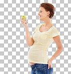 Happy, pregnant and health of woman with apple for wellness, diet and nutrition. Cheerful smile of model holding fruit for healthy pregnancy snack on an isolated and transparent png background