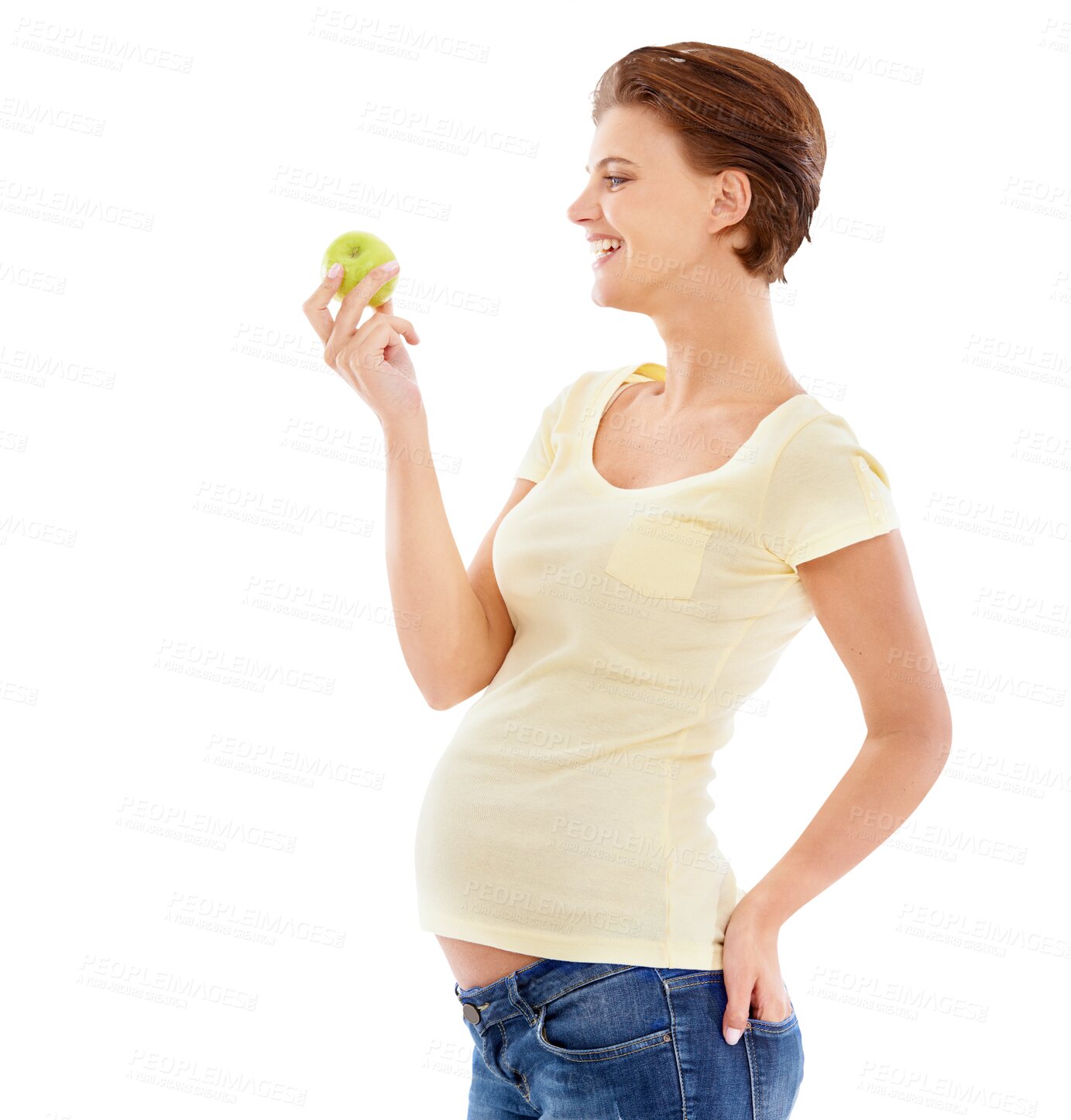 Buy stock photo Happy, pregnant and health of woman with apple for wellness, diet and nutrition. Cheerful female smile holding fruit for healthy pregnancy or maternity snack isolated on a transparent png background