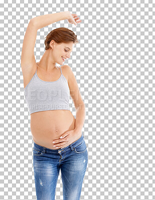 Body of happy pregnant woman dance on an isolated and transparent png background for pregnancy health, growth and development. Healthcare, wellness and an excited mother, hand holding stomach
