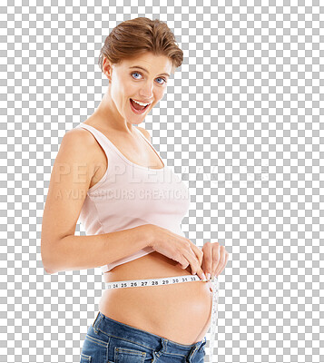 Buy stock photo Happy, measure and portrait of pregnant woman on png background for size, health or growth. Excited, care and maternity with mother and tape isolated on transparent for progress, pregnancy or belly
