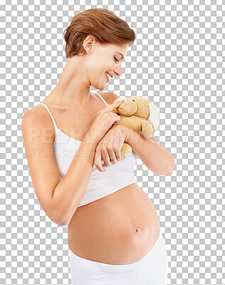 Pregnant woman, teddy bear and happy pregnancy stomach with a mother excited about motherhood. Child toy, love and mama with a smile looking at rabbit doll on an isolated, transparent png background