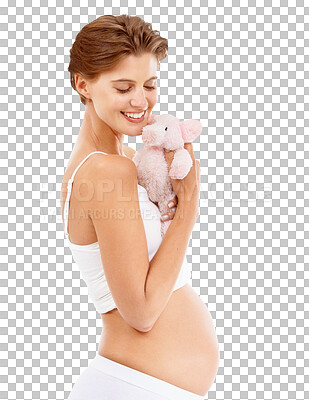 Pregnancy, baby teddy bear and happy woman with love and big stomach with child toy. Pregnant mother, pig doll and smile about care, motherhood and family on an isolated, transparent png background
