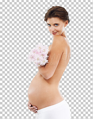 Buy stock photo Flowers, happy and portrait of pregnant woman on png background for gift, support and maternity. Smile, beauty and skincare with mother and bouquet isolated on transparent for pregnancy and health