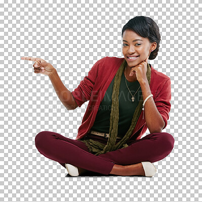 A Black woman, smile portrait and pointing finger, relax sitting for advertising mockup. African girl, happy and point for marketing, product placement or idea vision isolated on a png background