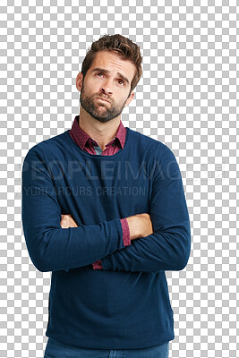 Sad, question and thinking businessman with choice, option or decision for career problem. corporate worker with dilemma and doubt expression on face with isolated on a png background