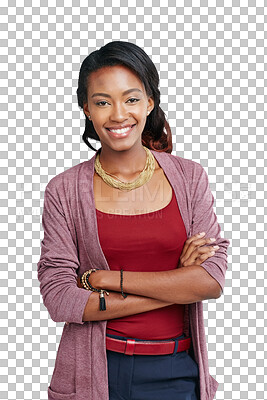 A Black woman, portrait and arms crossed on promotion mockup, isolated marketing space or advertising mock up. Smile, happy and model in trendy, cool or stylish brand clothes mockup isolated on a png background