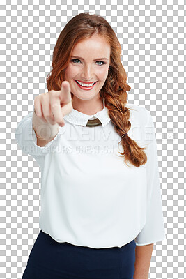 A Happy, portrait and woman pointing her finger with a stylish, edgy and classy outfit. Happiness, smile and female model point for direction or sign language isolated on a png background