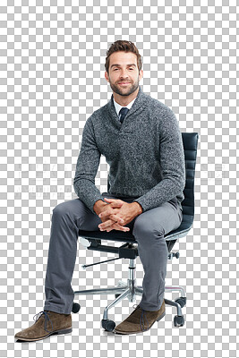 A Portrait, chair and mindset with a business man for marketing. Vision, mission and corporate with a male employee sitting on blank space for advertising isolated on a png background