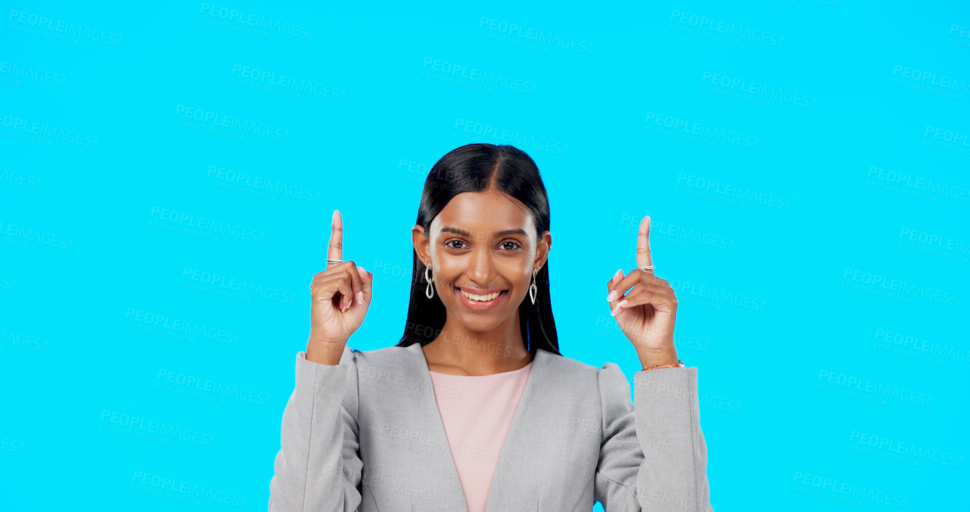 Buy stock photo Mockup studio portrait, happy woman or pointing up at business advertising info, company news or sales announcement. Corporate space, service deal and professional brand ambassador on blue background