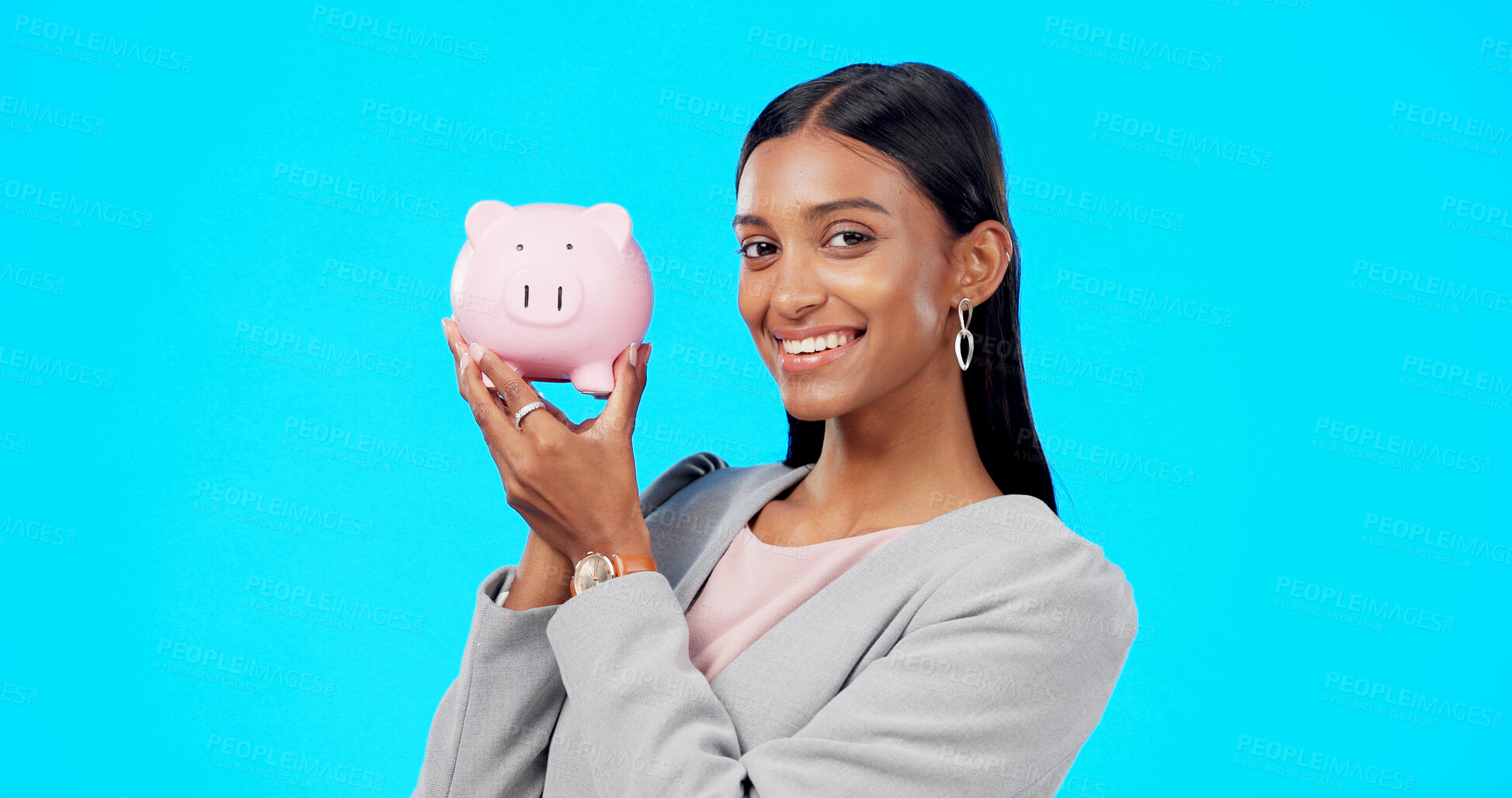 Buy stock photo Portrait, piggy bank and happy woman in studio with savings, budget or financial investment insurance. Smile, banking and businesswoman with money box for profit, tips or income on blue background.