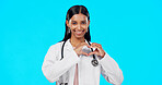 Heart gesture, happy woman and medical doctor, surgeon or nurse care for support, medicine healthcare or cardiology health. Emoji love sign, studio portrait or hospital female help on blue background