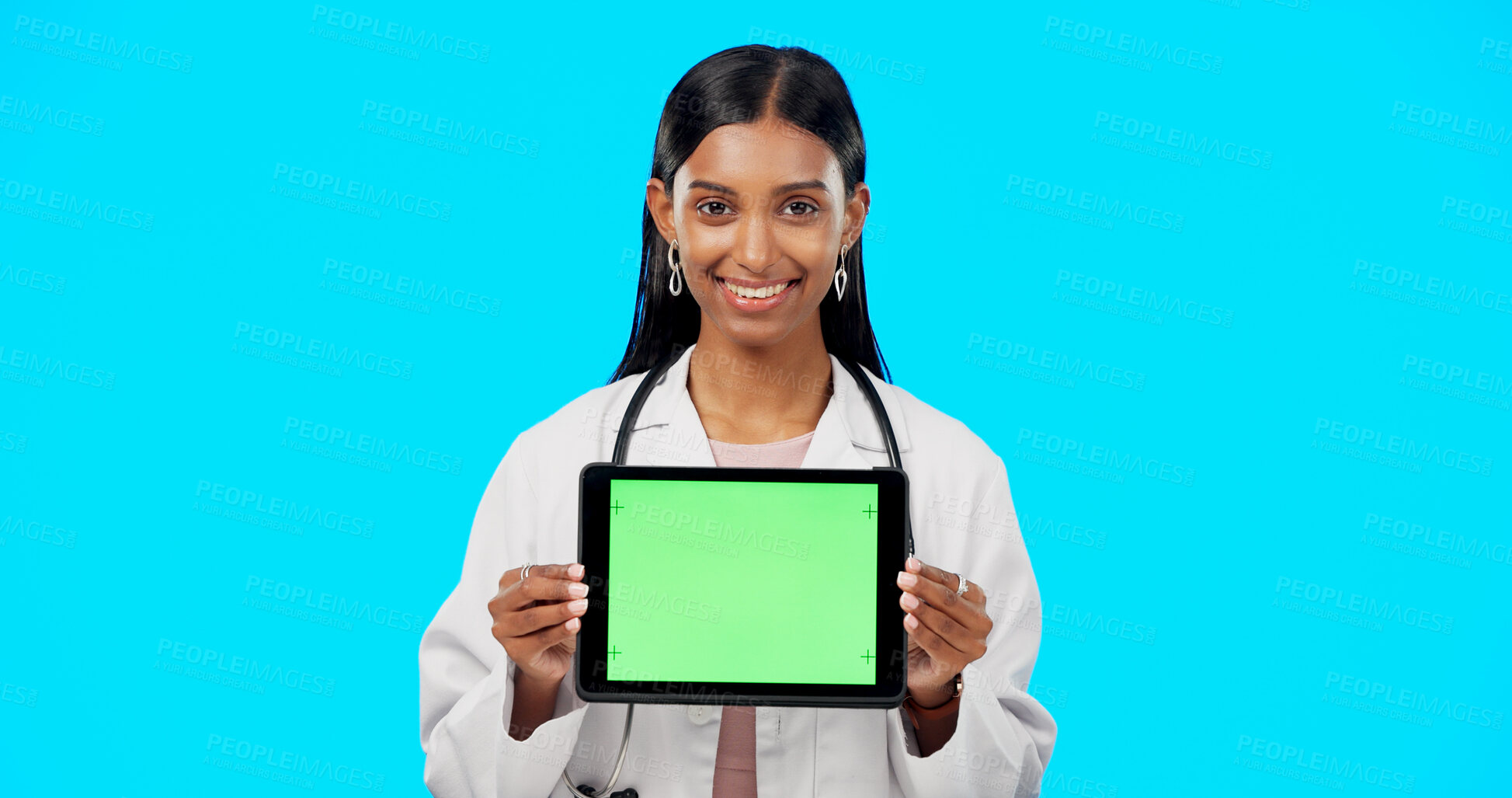 Buy stock photo Doctor portrait, happy woman and tablet green screen for medical news presentation, hospital info or pharmacy commercial. Healthcare discount, online mockup space or studio surgeon on blue background