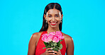 Face, flower bouquet and happy beauty woman with nature gift, sustainable agriculture portrait or natural present. Eco friendly product, floral studio roses and female person smile on blue background