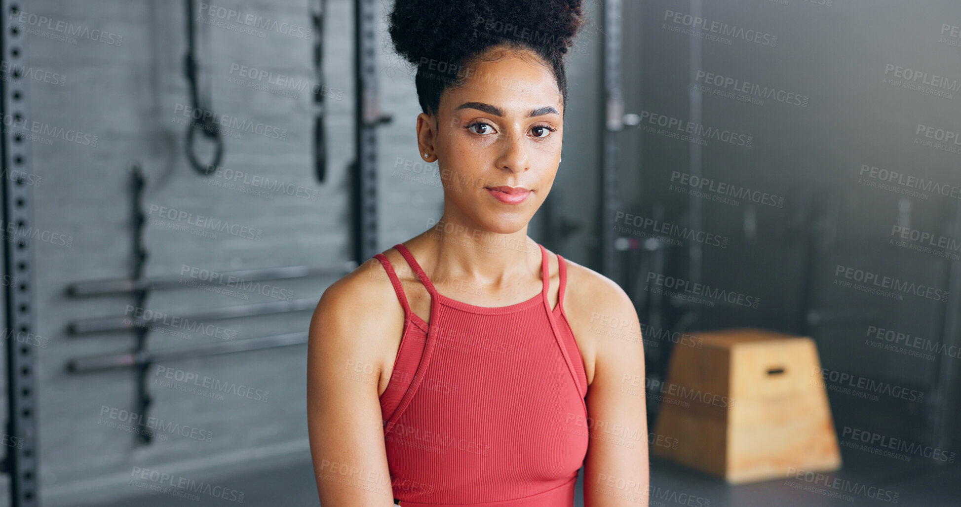 Buy stock photo Portrait, personal trainer or woman for fitness at gym with pride, motivation or determined on face. African, female model and strong for health, wellness or goal for body, strength and weightloss