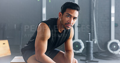 Buy stock photo Bodybuilder, portrait and serious man in gym for fitness, training or healthy stress management exercise or sport. Asian, athlete and motivation for wellness and workout in club for mental health