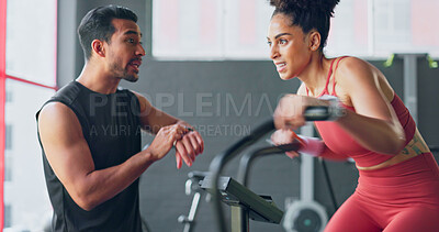 Fitness couch, gym athlete and training time of a woman workout and man with a sports watch. Exercise, motivation and health cardio together for wellness and healthy living in a coaching class