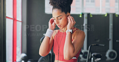 Black woman, breathe and earphones for music with fitness and exercise ready in gym, health and active motivation. Start, workout and calm for body training and endurance, wellness and listening.